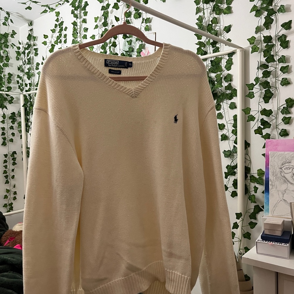 Polo by Ralph Lauren Cream/Blue Pony V-Neck Knit Sweater
